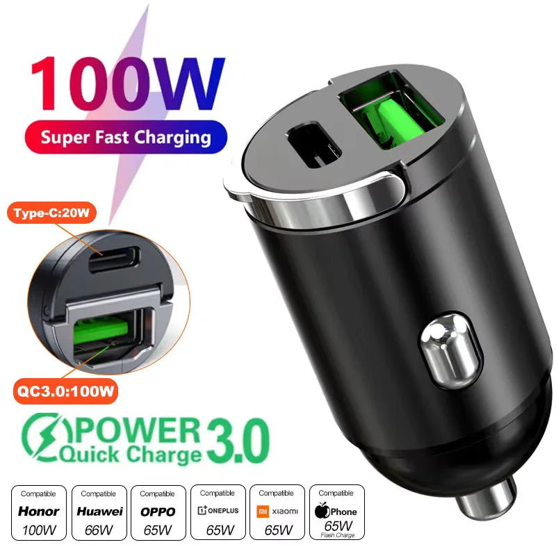 200W Super Fast Mini Car Charger – QC3.0 & PD USB Type-C | Compatible with iPhone, Samsung, Xiaomi & More