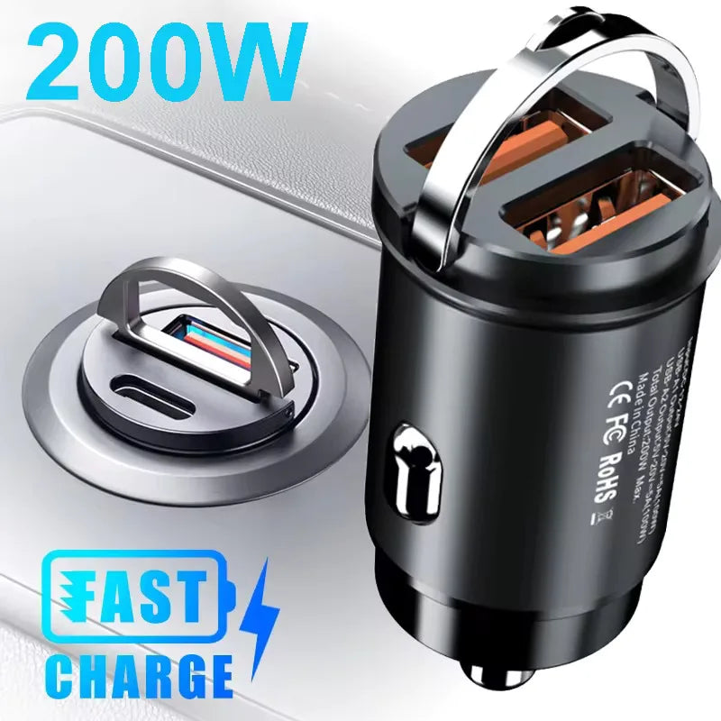 200W Super Fast Mini Car Charger – QC3.0 & PD USB Type-C | Compatible with iPhone, Samsung, Xiaomi & More