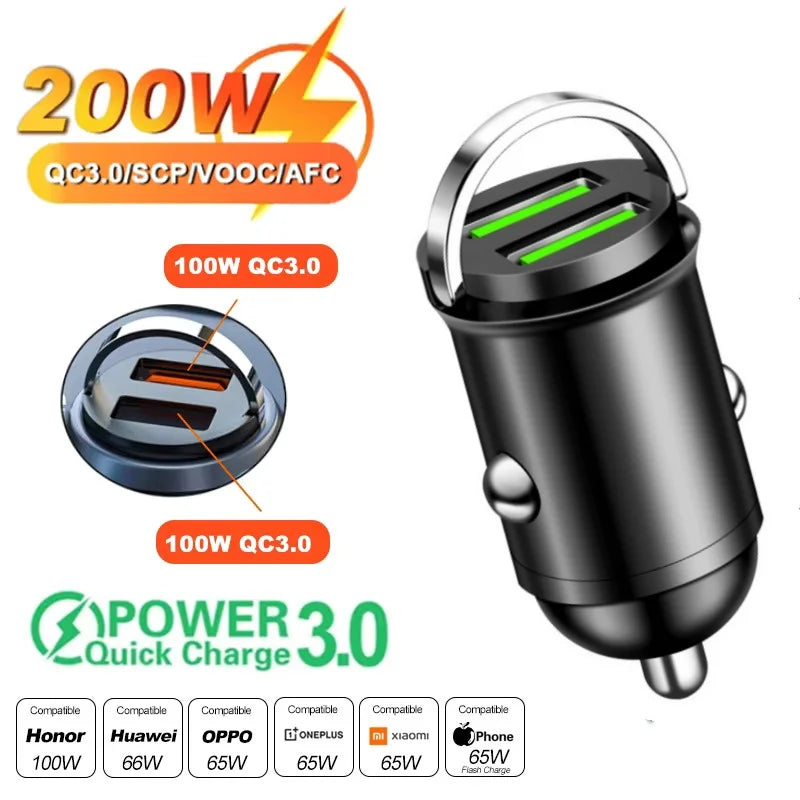 200W Super Fast Mini Car Charger – QC3.0 & PD USB Type-C | Compatible with iPhone, Samsung, Xiaomi & More