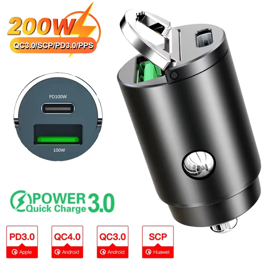 200W Super Fast Mini Car Charger – QC3.0 & PD USB Type-C | Compatible with iPhone, Samsung, Xiaomi & More